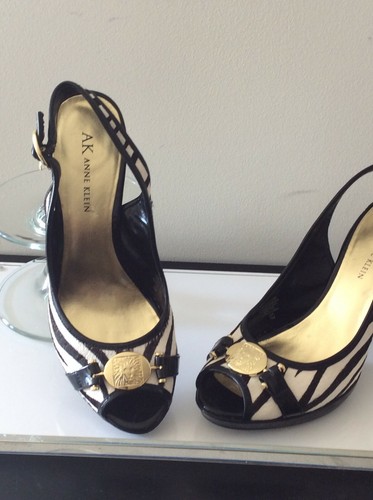 Anne Klein Black & White Zebra Design Calf Hair Open Toe Sandals - Picture 2 of 5