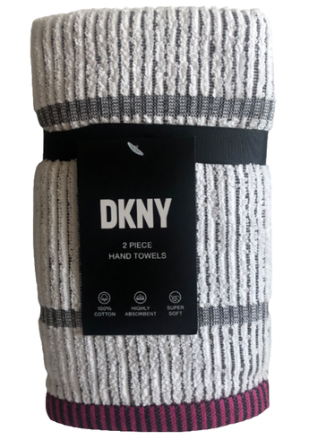 DKNY Stripe Bathroom Hand Towels Set 2 White Black Pink Absorbent 100% Cotton - 第 1/4 張圖片