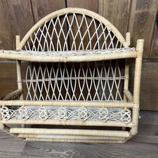 Vintage Ratan Wicker  Boho Wall Shelf And Towel Holder MCM