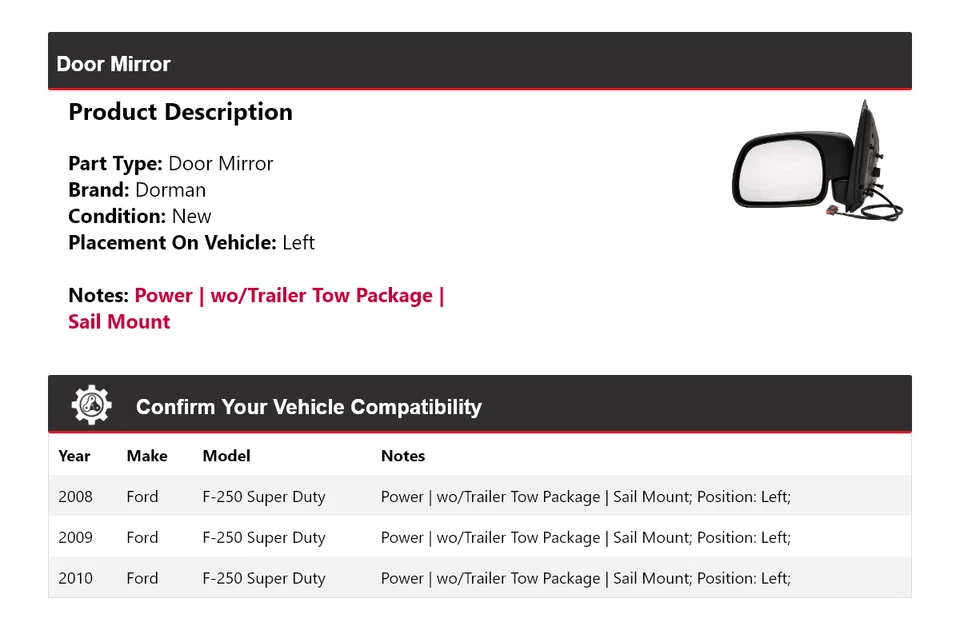 Espejo retrovisor izquierdo 2009 para Ford F-250 Super Duty Dorman 2008-2010 Foto 2 de 4