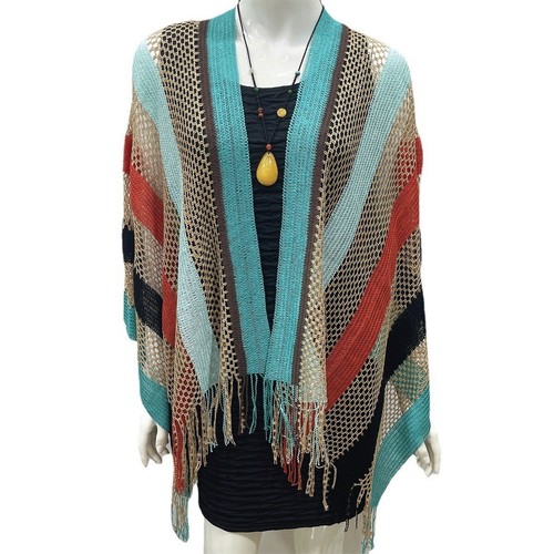 Poncho Stole Cape Shrug Wrap Shawl Jumper Sweater Cloak Scarf Striped Rainbow AA - Picture 13 of 19