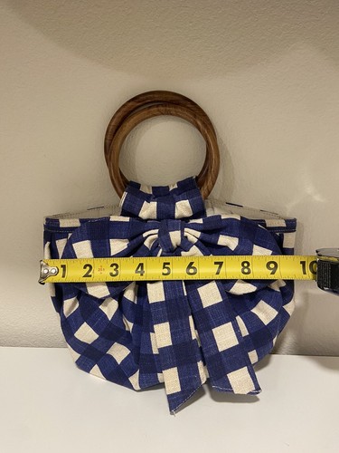 Anthropologie Gingham Muster Leinen Handtasche Handtasche mit Holzgriff patriotisch Boho - Bild 7 von 8