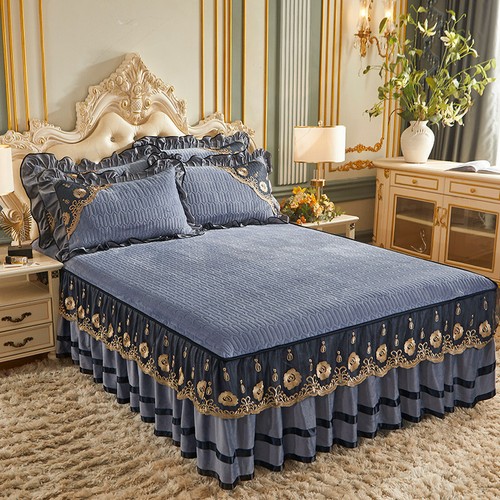 Vintage Latex Lace Velvet Quilted Bedspread Queen Zipper Soft King Bed Skirt 3pc - Picture 51 of 60