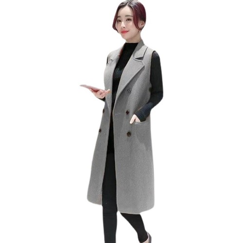 Women Sleeveless Wool Blend Double Breasted Lapel Collar Waistcoat Trench - Picture 1 of 18