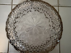 Clear Cut Glass Round Tray with Metal Rim, Geometric Pattern, 9” Heavy Stunning!