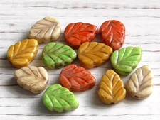 12 - 10x8mm CZECH FALL MIX OPAQUE RED BEIGE GREEN ORANGE BROWN WASH BIRCH LEAF