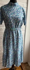 Vintage 1980s Floral Dress Blue Green | Richard Stump | UK 14 | Belted Midi
