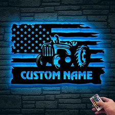 Tractor in Flag Metal Wall Art LED Light, Custom Name Farmhouse 14x14in