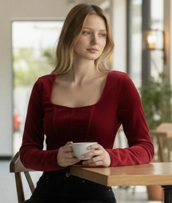 elodie Red Velvet Square Neck Long Sleeve Cropped Blouse Women Size L