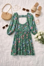 Free People ENDLESS Summer Green Babydoll 3/4 Balloon Sleeves Dress. Ladies S.