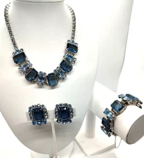 Juliana D&E Blue Emerald Cut Rhinestone Parure Necklace, Bracelet and Earrings!