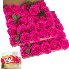 Lansdowns 50pc Hot Pink Artificial Rose Flowers with Stems, Real Look
