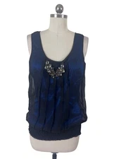 Charlotte Russe Y2K Blouse Womens Medium Blue Organza Rhinestone Whimsigoth Glam