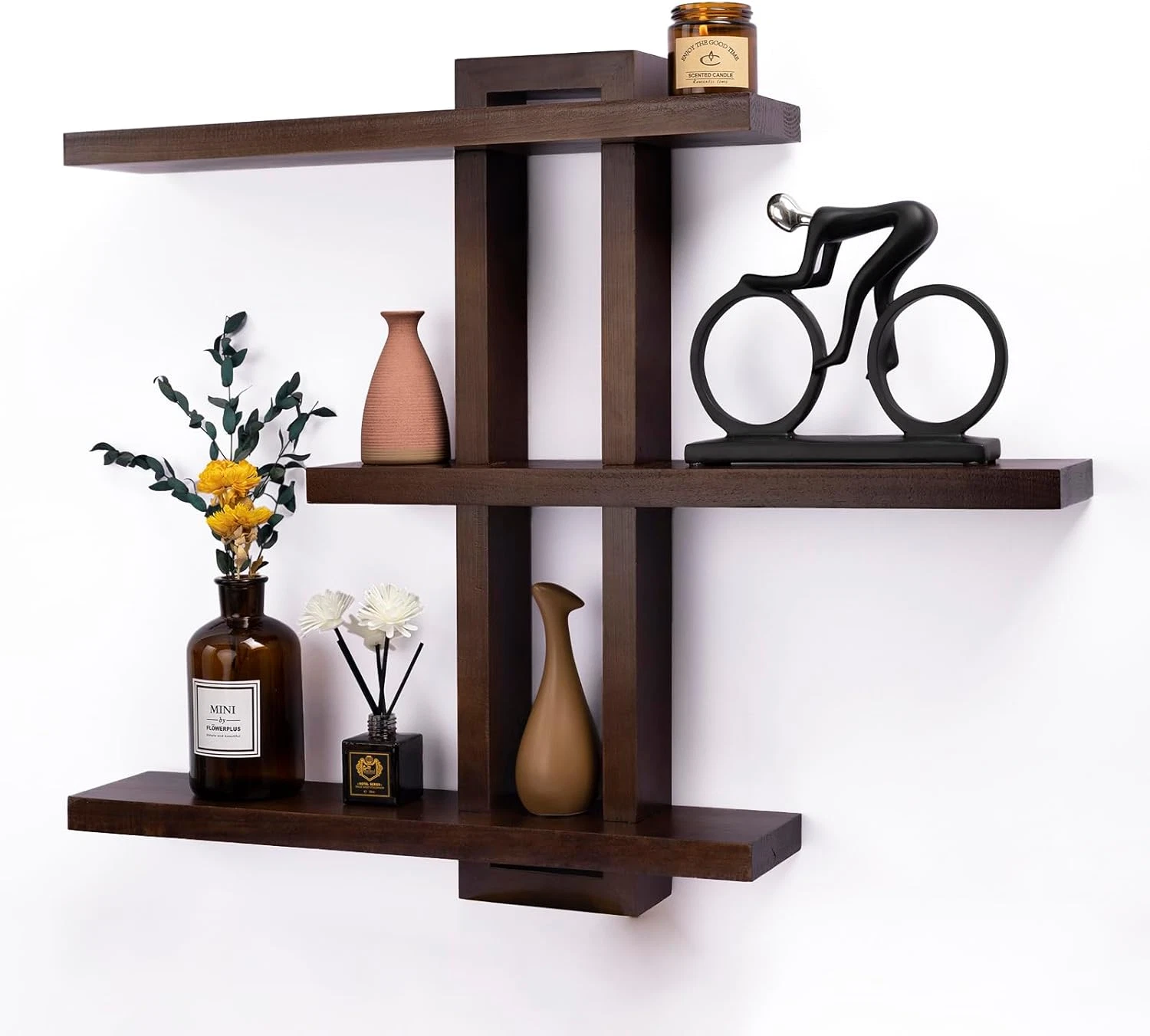 Rustic Floating Wood Shelves Set of 4 for Living Room & Bathroom - Burnt Walnut