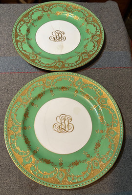 2 Antique Minton's gold & green monogramed Dinner Plates 10 1/4 England w cracks