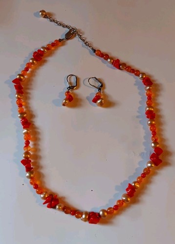 Collier Et Boucles D'oreilles Vintage 1928 - Ton Or, Perles Rouges/orange/noir - Occasion