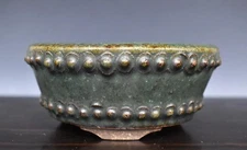 Japanese Bonsai pot ECHIZEN HOSUI signed Green YOHEN glazed Rivets φ4.4" *320 11