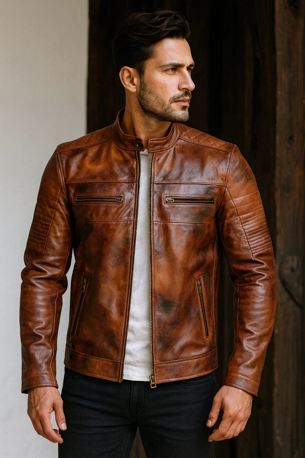 Men’s Distressed Brown Leather Motorcycle Jacket Retro biker Racer Biker Coat