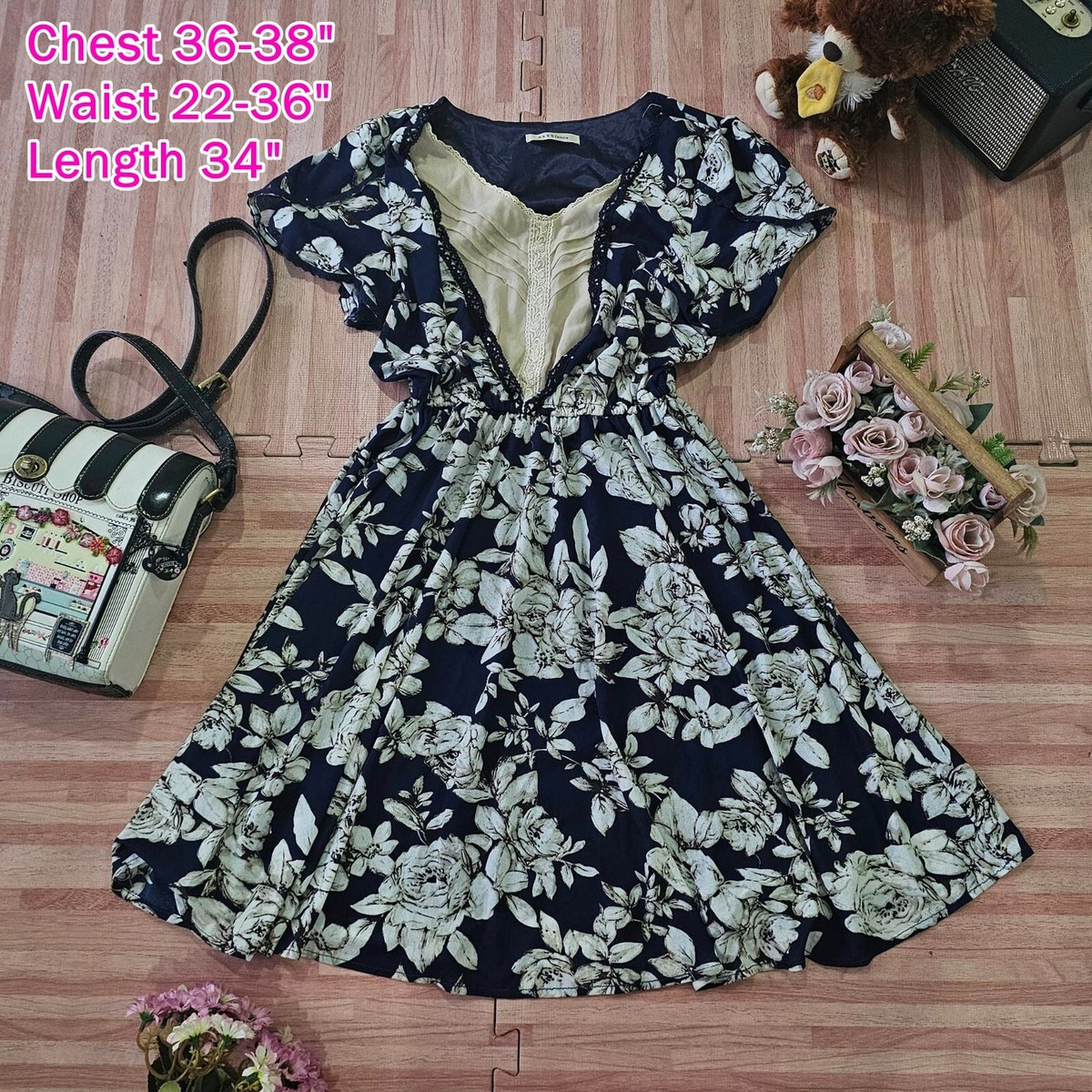 axes femme Women Floral Dress Lolita Mori Hime Gyaru Tokyo Dark Blue