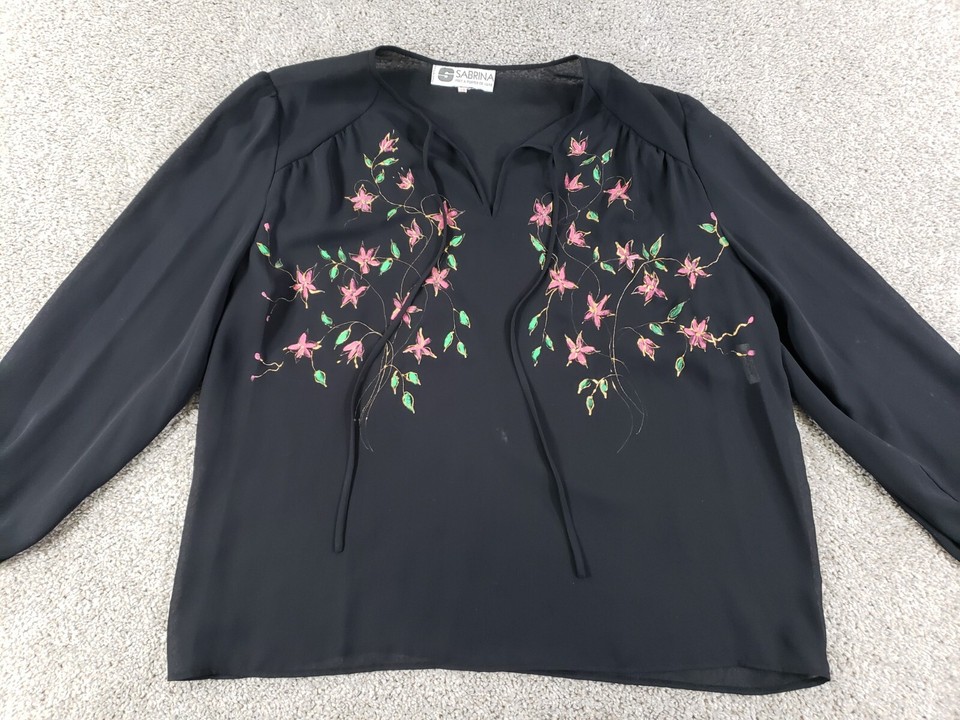 Sabrina Vintage Long Sleeve Blouse Size 48 Black Floral Hand Painted In