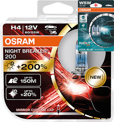 Osram H4 12V night breaker 200 up to 200% more light 2pcs + W5W Blue