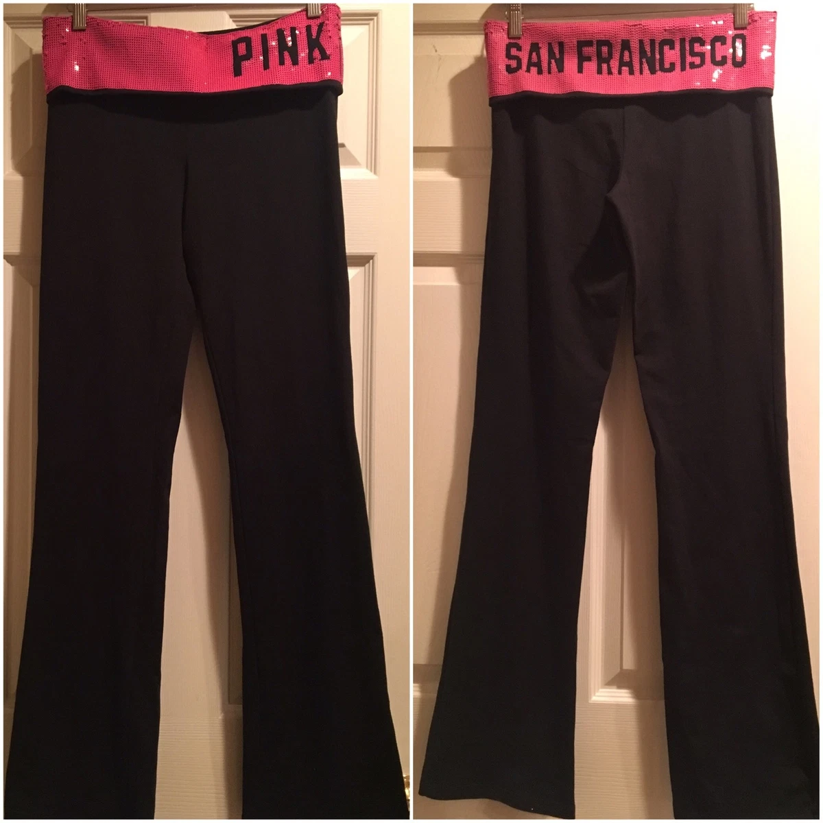 SAN FRANCISCO Victoria's Secret PINK SEQUENCE Foldover Yoga Pants Black/Pink  M