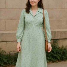 Satin vintage handmade mint green floral A-Line Bishop Sleeve Dress size small