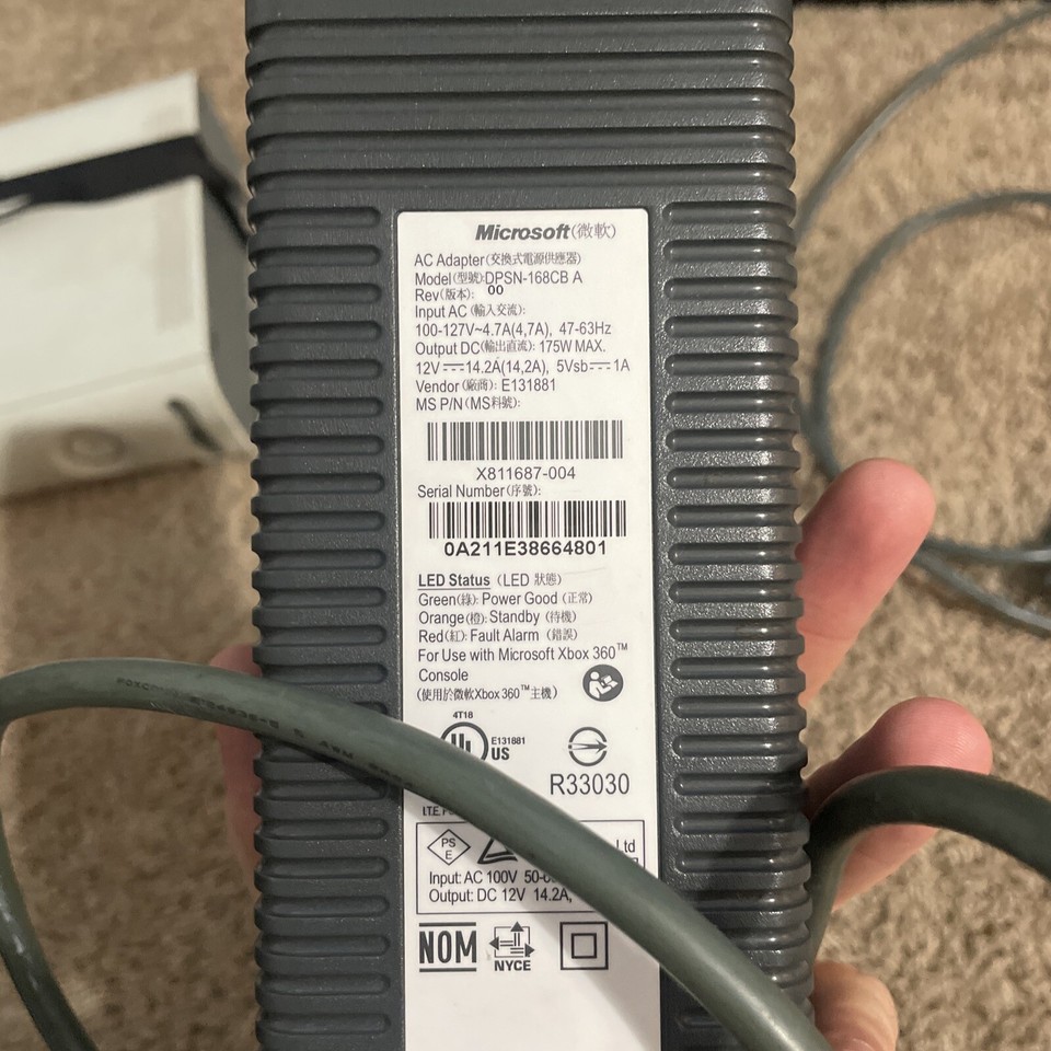 Official Microsoft Xbox 360 Fat Power Supply Cord Brick Adapter