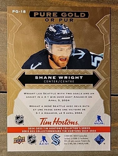 2024-25 Tim Hortons Pure Gold #PG-18 Shane Wright Seattle Kraken - Picture 2 of 2