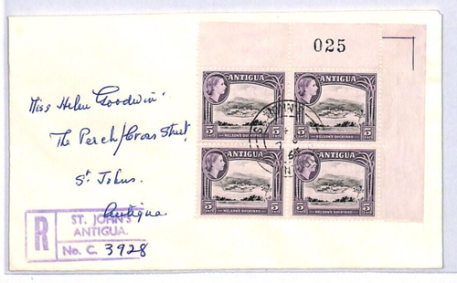 ANTIGUA Cover QEII 5c Sheet Number CORNER MARGINAL BLOCK{4} Reg'd 1966 YD247 - Picture 2 of 10
