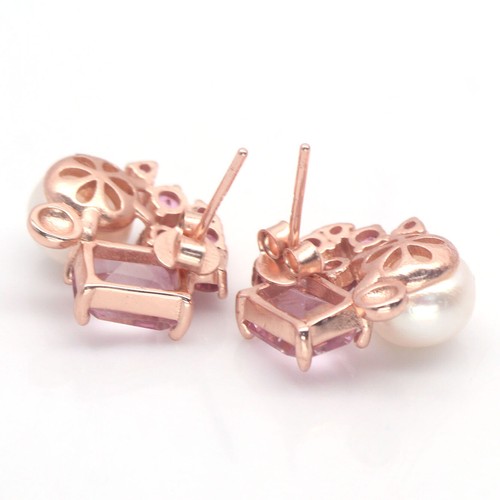 Gemstone 8 mm. White Pearl, Topaz & Ruby Earrings 925 Sterling Silver - Picture 3 of 4
