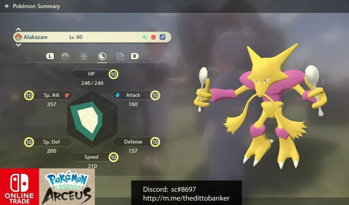 Pokemon Legends Arceus SHINY ALAKAZAM LV.60 ALPHA✨MAX Effort Levels Fast  Trade!