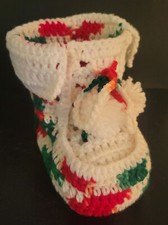 Vintage Handmade Crocheted Pom Pom Tie Christmas Bootie
