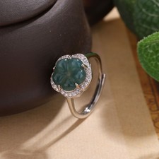 Blue Myanmar Jadeite Flower Rings 925 Silver Natural Burmese Jade