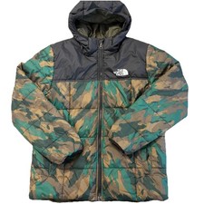 The North Face Reversible Hooded Puffer Jacket Camo Green Youth L 14-16