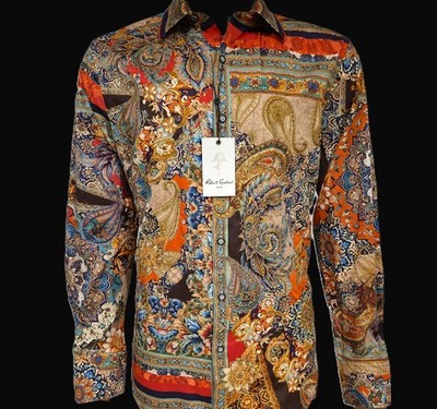 NWT ROBERT GRAHAM WELLSLEY COTTON SHIRT MULTICOLOR PRINTS GOLD EMBROIDERY L