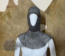 Medieval chainmail coif with full face opening and extended aventail for head
