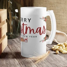 Frosted Glass Beer Mug with Merry Christmas Cheer Design, Holiday Christmas Gift