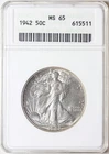 1942 P Walking Liberty Half Dollar ANACS MS65, Old White ANACS Holder