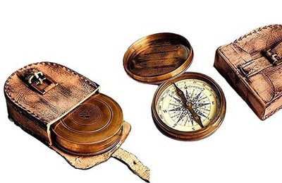 2.5'' Robert Frost Poem Compass with Handmade Leather Carry Case Free Rustic V...