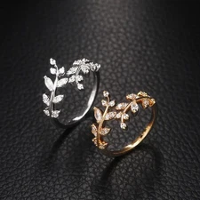 Women's Fashion Adjustable Ring Synthesis Zircon Leaf Shaped Open Ring