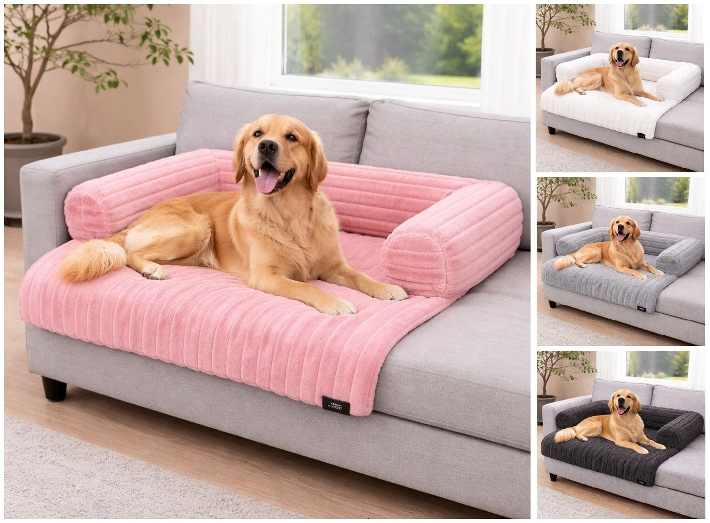 Pet Dog Bed Sofa / Floor Plush Fur Waterproof Raised Sides Non Slip Base 2 Sizes