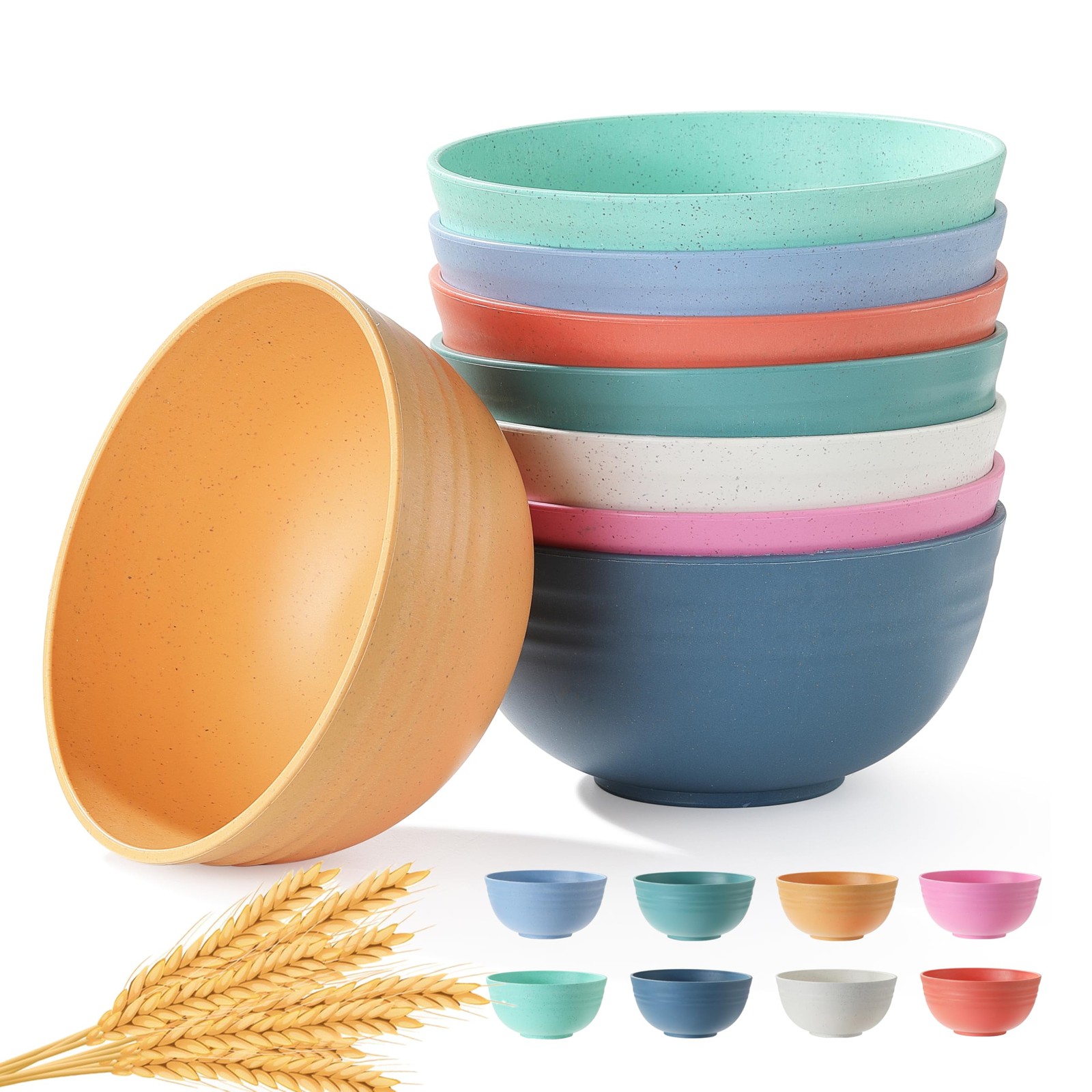 Wheat Straw Bowls Set of 8, 26oz, Cereal Soup Salad, Microwave Safe, Multicolor
