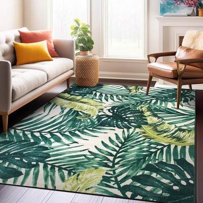 Area Carpet Green Rug Modern Tropical Floral Leaves Non Slip Rug Dining Room Rug
