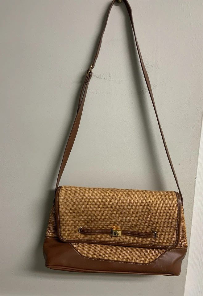 "Bolso de hombro Etienne Aigner bolso de mano cuero tostado y paja M 13""x8""" Foto 2 de 4