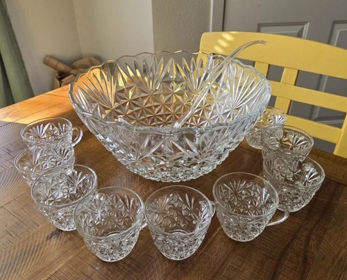 Vintage Anchor Hocking Arlington Punch Bowl Set w/ 9 Cups & Hooks