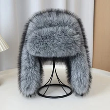 Winter Men's Faux Fur Silver Fox Bomber Hat Ushanka Trapper Ski Cap