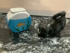 VGC Cat and Goldfish Bowl Ceramic Salt & Pepper Shakers (2” Size) by Clay Art