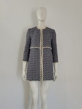 Zara ‘That Coat’ Jacket (L) UK 12 14 EU 40 42 Blue & White Jacquard Fringe Midi