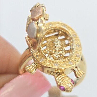 Big 14k yellow white rose gold good luck locket turtle ring size